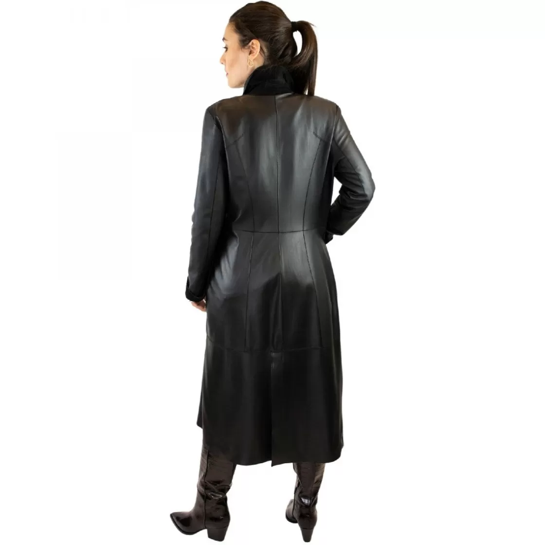 Online Leonardo Shoes Giacca Reversibile Lunga Elegante Da Donna Fatta A Mano In Pelle Nera Con Cintura Nero