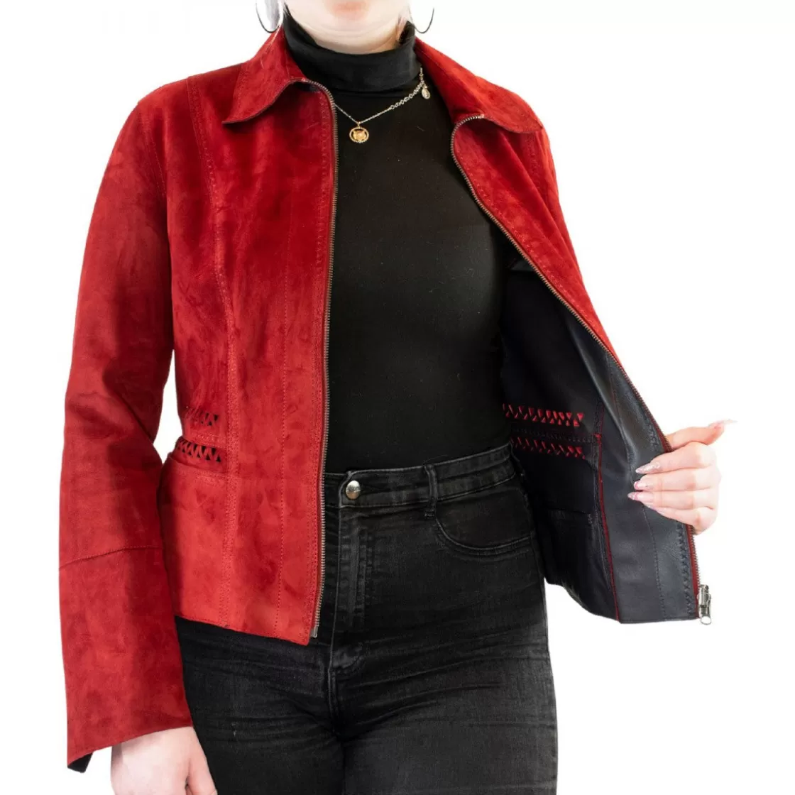 Cheap Leonardo Shoes Giacca Reversibile Sfiancata Modello Africa Da Donna Fatta A Mano In Pelle Di Renna E Agnello Rossa E Nera Rosso