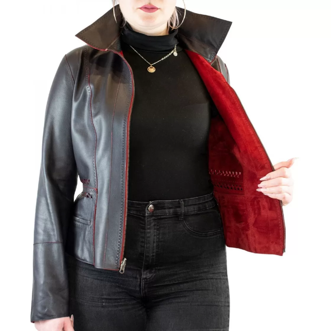 Cheap Leonardo Shoes Giacca Reversibile Sfiancata Modello Africa Da Donna Fatta A Mano In Pelle Di Renna E Agnello Rossa E Nera Rosso