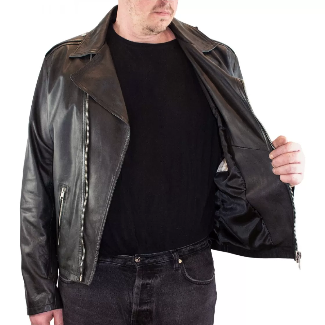Outlet Leonardo Shoes Giacca Riders Da Uomo Fatta A Mano In Pelle Di Agnello Nera Chiusura Con Cerniera Nero