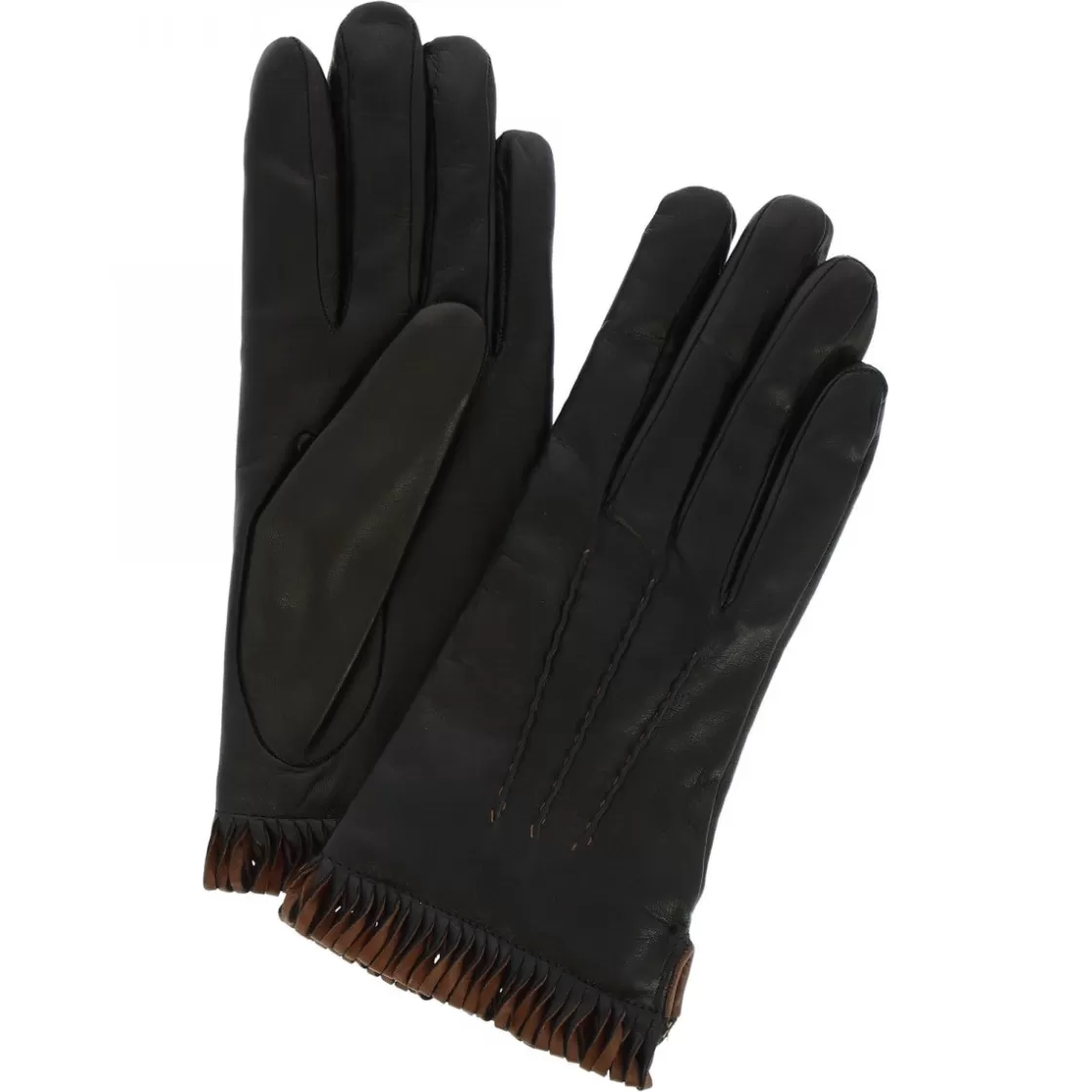 Sale Leonardo Shoes Guanti Da Donna Fatti A Mano In Nappa Nera Con Bordo Marrone Nero