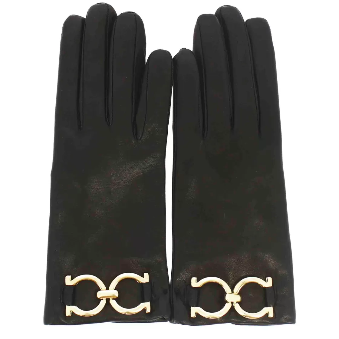 Discount Leonardo Shoes Guanto Da Donna In Pelle Colore Con Morsetto Colore Oro E Fodere In Cashmere Nero