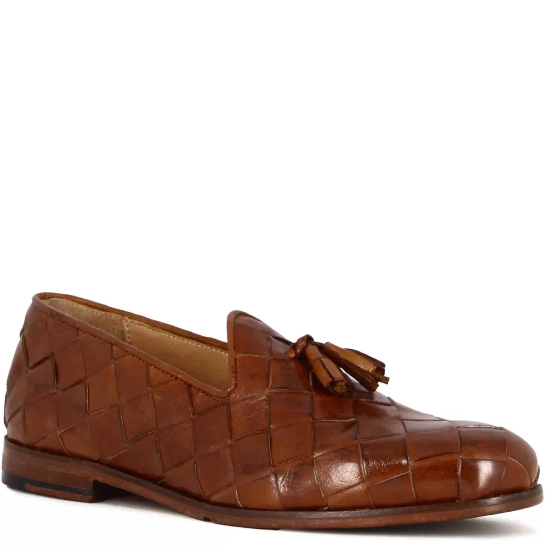 Hot Leonardo Shoes Mocassini Da Uomo Con Nappine In Pelle Di Intrecciata Colore Marrone Chiaro