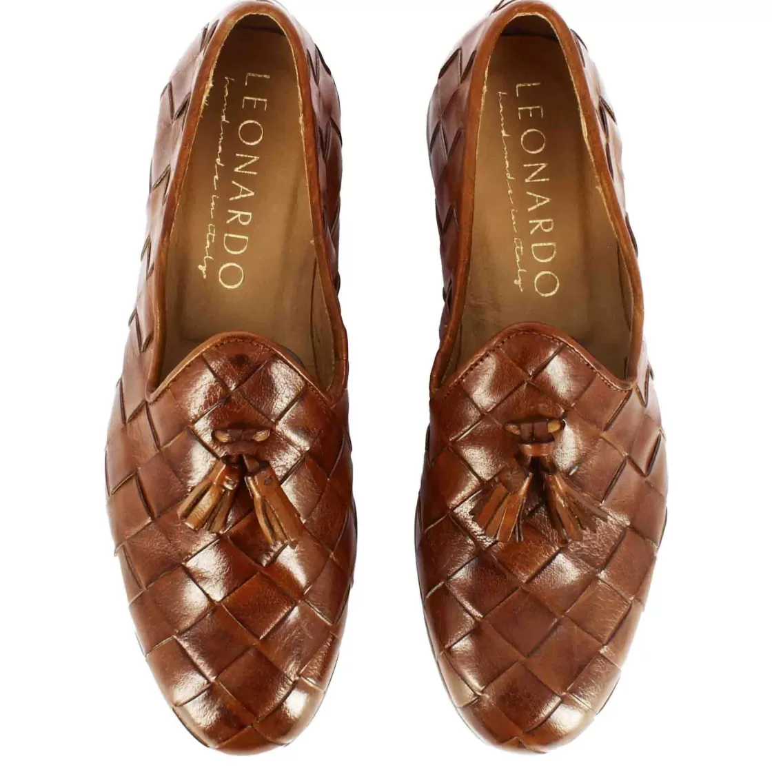 Hot Leonardo Shoes Mocassini Da Uomo Con Nappine In Pelle Di Intrecciata Colore Marrone Chiaro