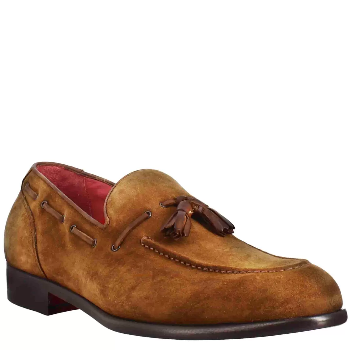 Sale Leonardo Shoes Mocassino Con Nappine Da Uomo In Pelle Scamosciata Colore Chiaro Marrone