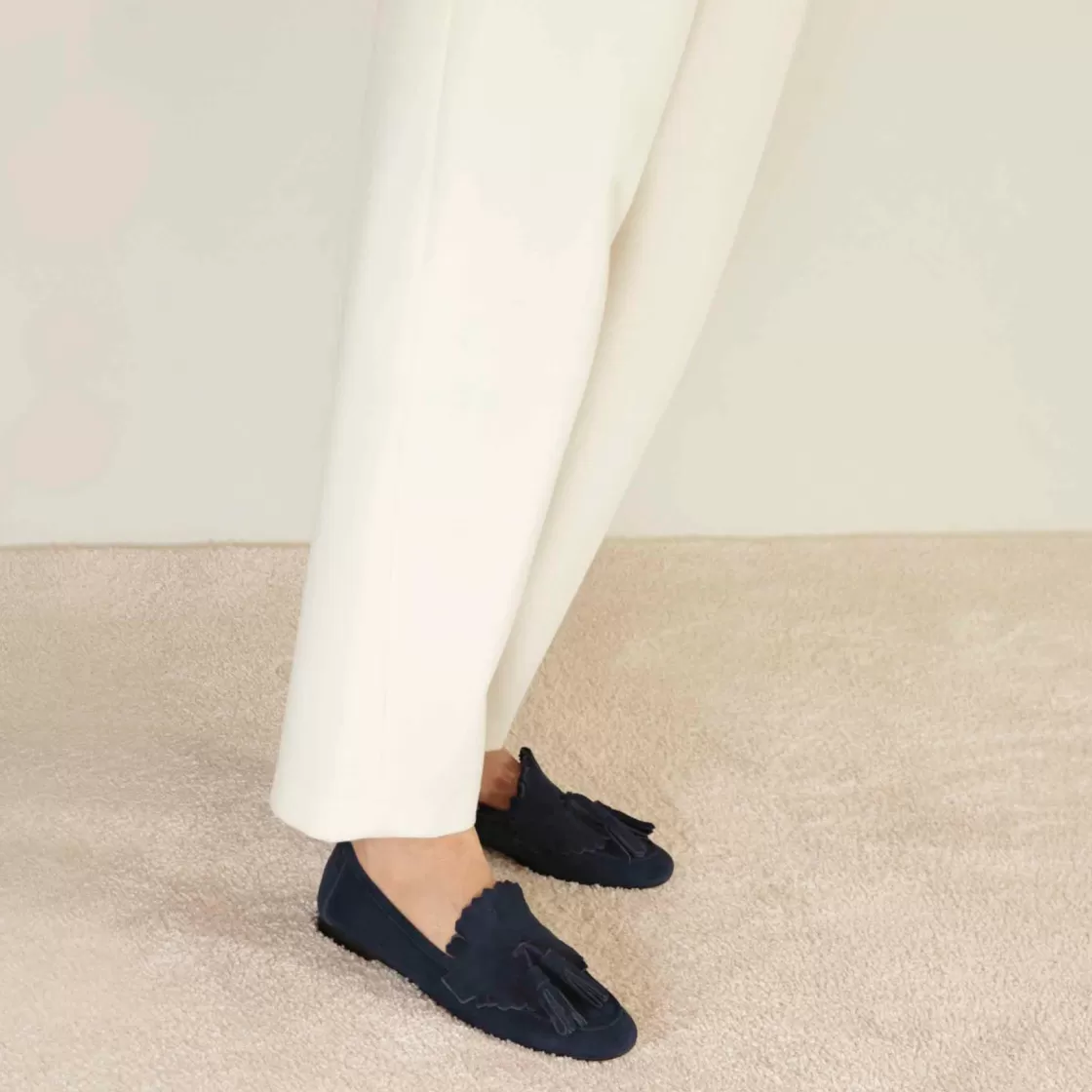 Sale Leonardo Shoes Mocassino Da Donna Classico In Pelle Scamosciata Con Nappine Colore Blu Scuro