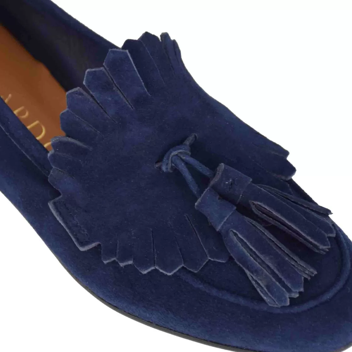 Sale Leonardo Shoes Mocassino Da Donna Classico In Pelle Scamosciata Con Nappine Colore Blu Scuro