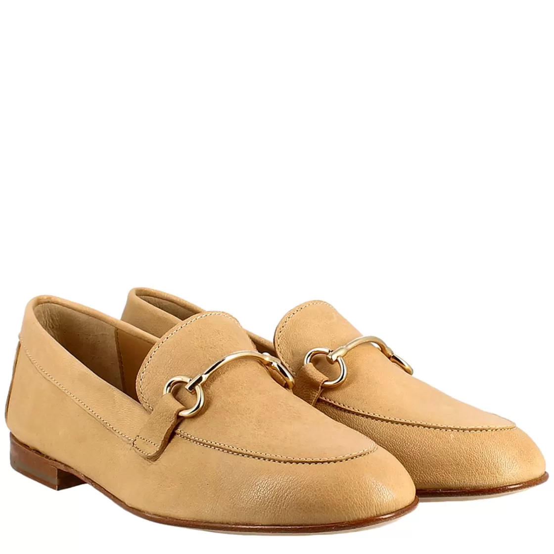 Flash Sale Leonardo Shoes Mocassino Da Donna In Pelle Con Morsetto Oro Beige
