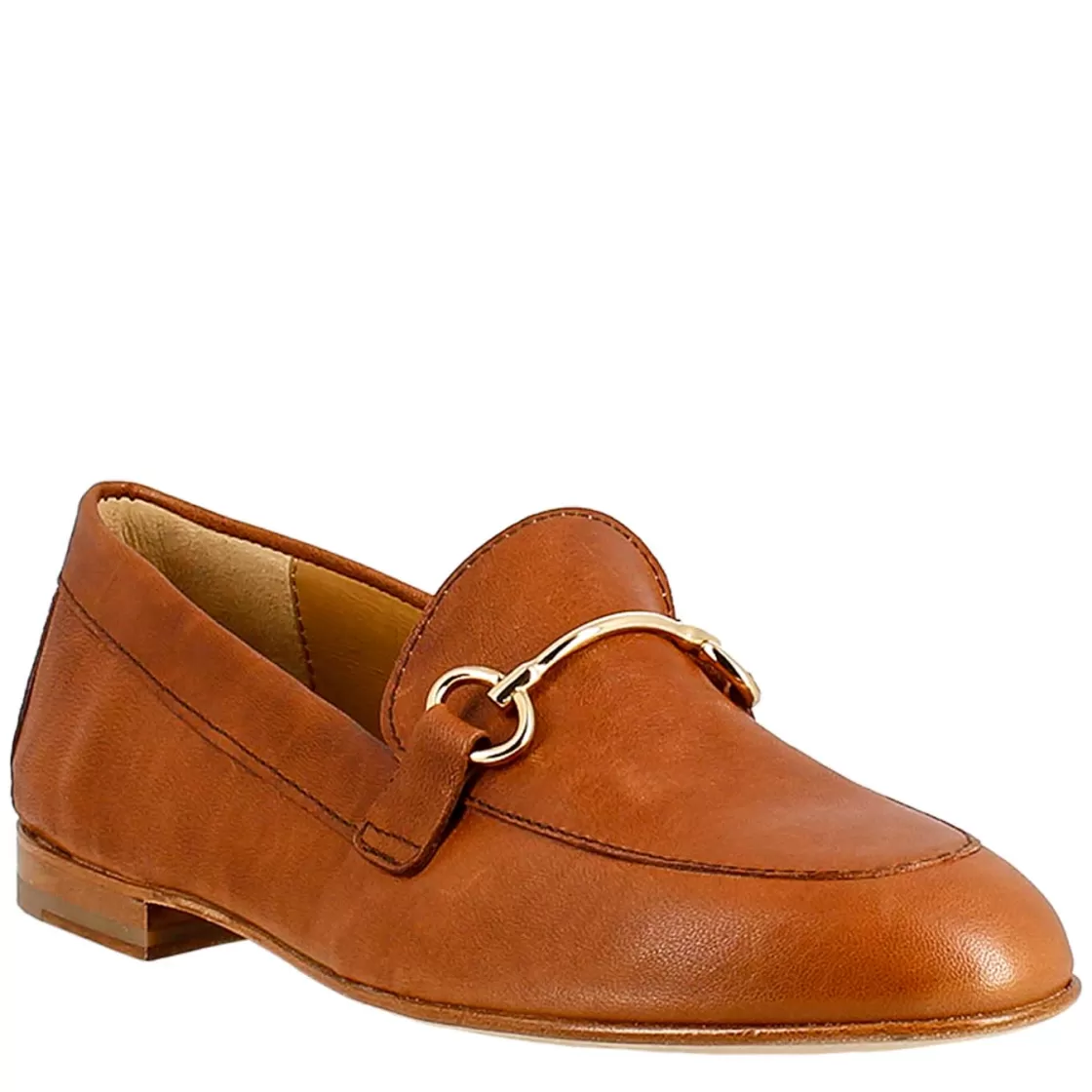 Cheap Leonardo Shoes Mocassino Da Donna In Pelle Colore Con Morsetto Oro Marrone