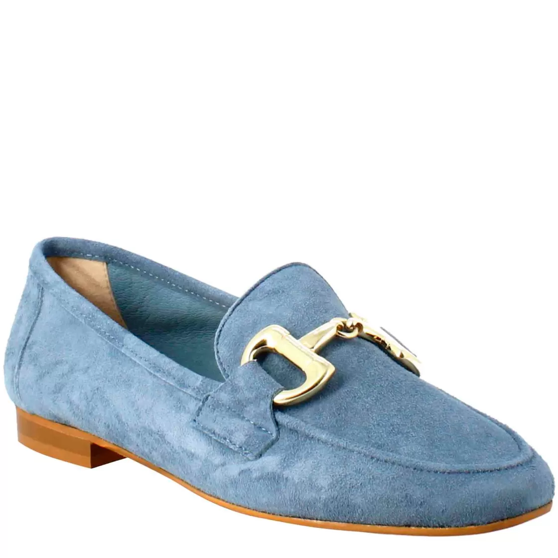Flash Sale Leonardo Shoes Mocassino Da Donna In Pelle Scamosciata Con Fibbia Oro Celeste