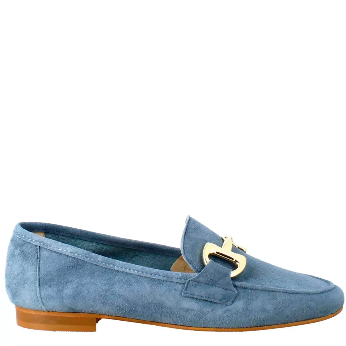 Flash Sale Leonardo Shoes Mocassino Da Donna In Pelle Scamosciata Con Fibbia Oro Celeste