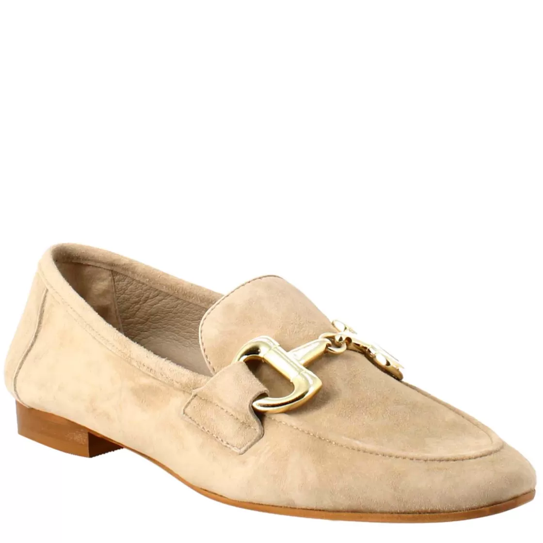 Cheap Leonardo Shoes Mocassino Da Donna In Pelle Scamosciata Taupe Con Fibbia Oro Beige