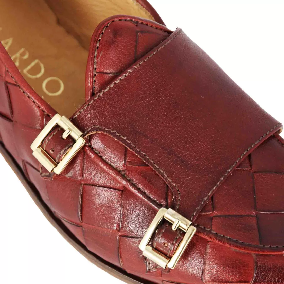 Cheap Leonardo Shoes Mocassino Da Uomo In Pelle Intrecciata Con Doppia Fibbia Colore Rosso