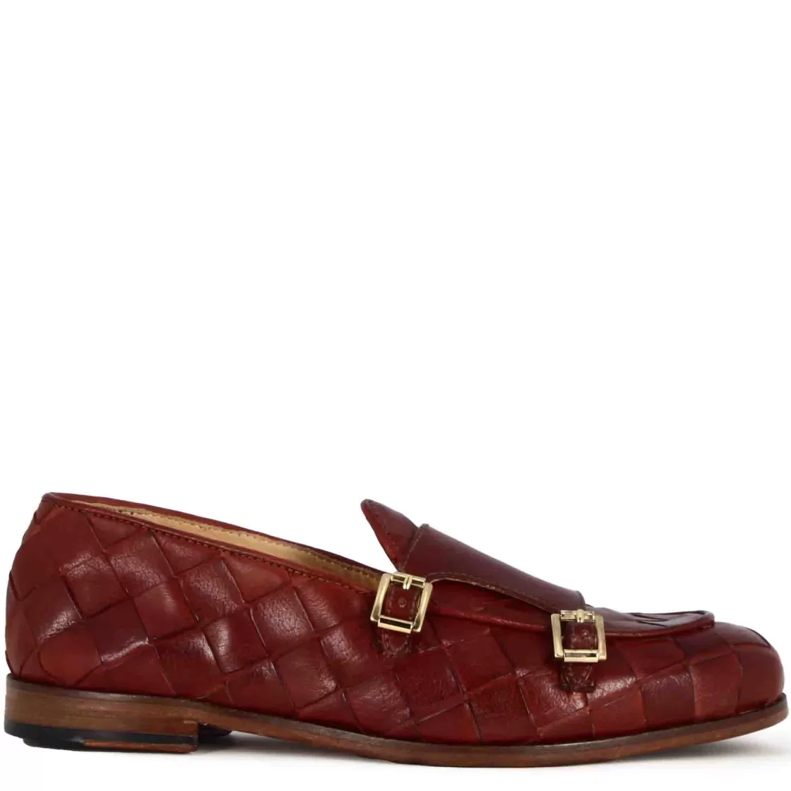 Cheap Leonardo Shoes Mocassino Da Uomo In Pelle Intrecciata Con Doppia Fibbia Colore Rosso