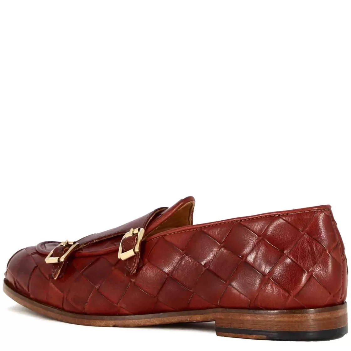Cheap Leonardo Shoes Mocassino Da Uomo In Pelle Intrecciata Con Doppia Fibbia Colore Rosso