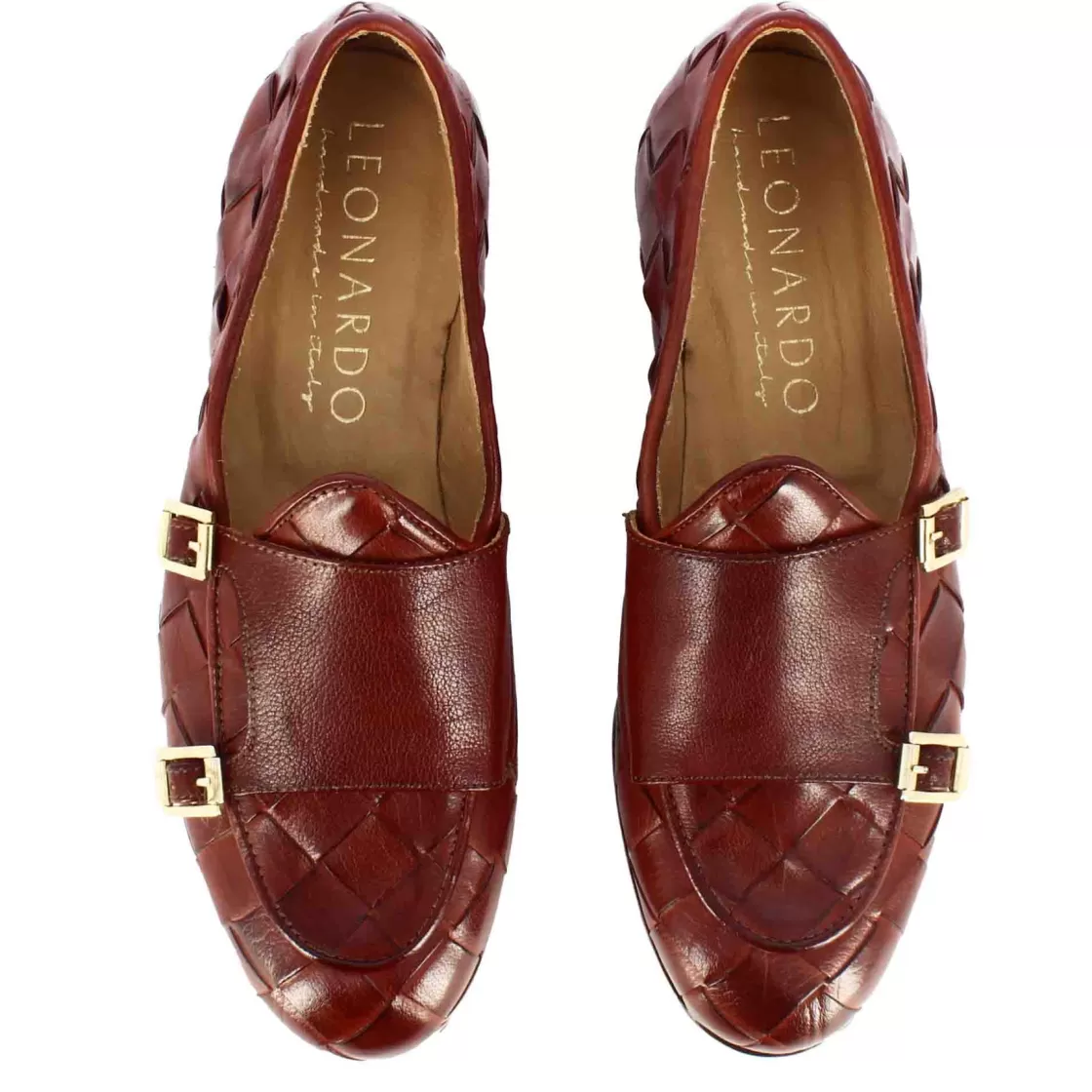 Cheap Leonardo Shoes Mocassino Da Uomo In Pelle Intrecciata Con Doppia Fibbia Colore Rosso