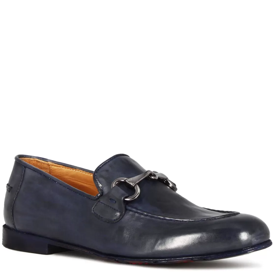 Sale Leonardo Shoes Mocassino Da Uomo In Pelle Liscia Colore Con Morsetto Blu