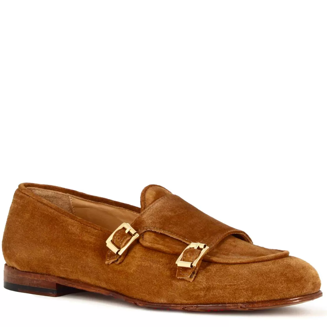 Outlet Leonardo Shoes Mocassino Da Uomo In Pelle Scamosciata Colore Con Doppia Fibbia Marrone Chiaro