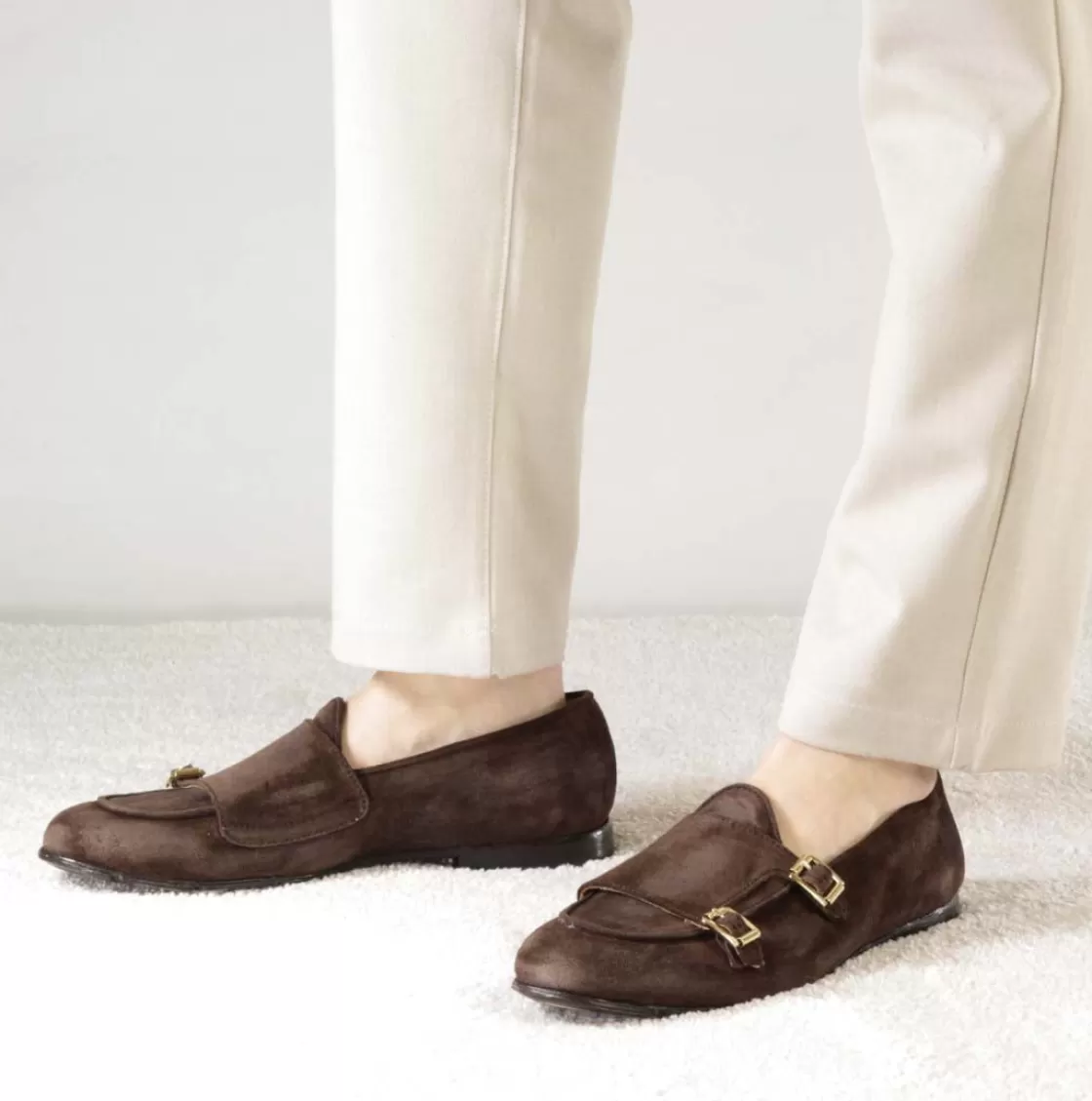 Online Leonardo Shoes Mocassino Da Uomo In Pelle Scamosciata Colore Con Doppia Fibbia Marrone Scuro