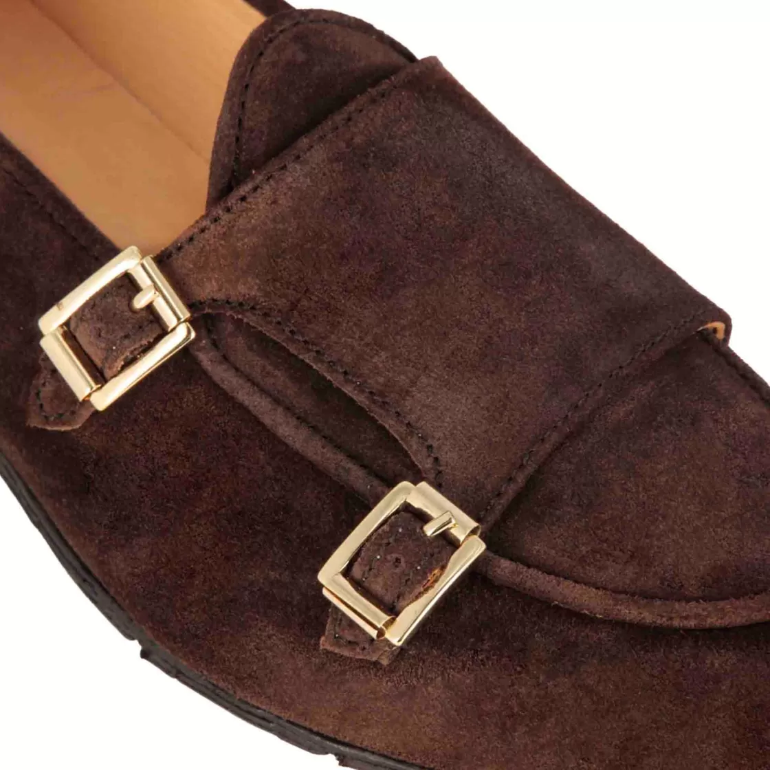 Online Leonardo Shoes Mocassino Da Uomo In Pelle Scamosciata Colore Con Doppia Fibbia Marrone Scuro