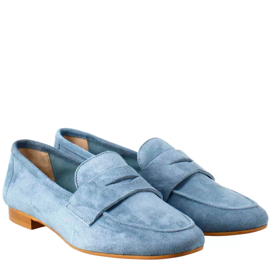 Shop Leonardo Shoes Mocassino Flessibile Da Donna In Pelle Scamosciata E Fondo In Gomma Celeste