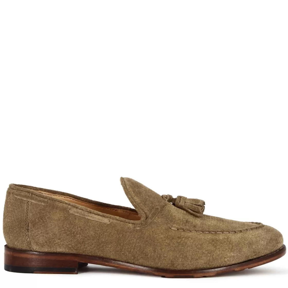 Best Sale Leonardo Shoes Mocassino In Pelle Scamosciata Fatto A Mano Con Nappine Colore Beige