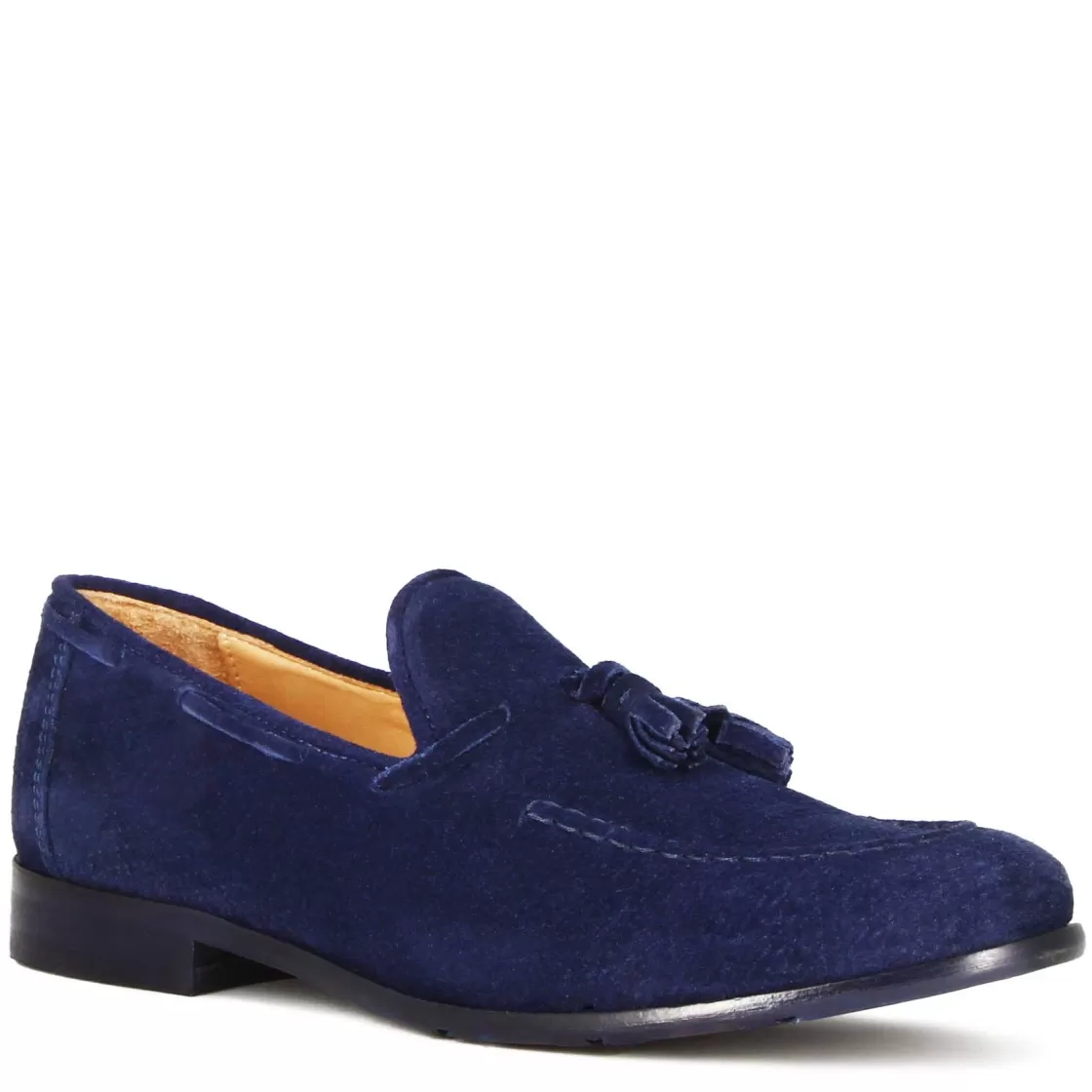 Outlet Leonardo Shoes Mocassino In Pelle Scamosciata Fatto A Mano Con Nappine Colore Blu