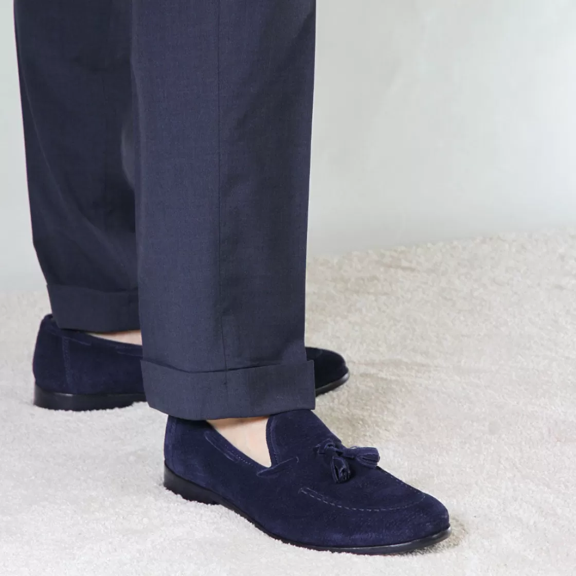 Outlet Leonardo Shoes Mocassino In Pelle Scamosciata Fatto A Mano Con Nappine Colore Blu