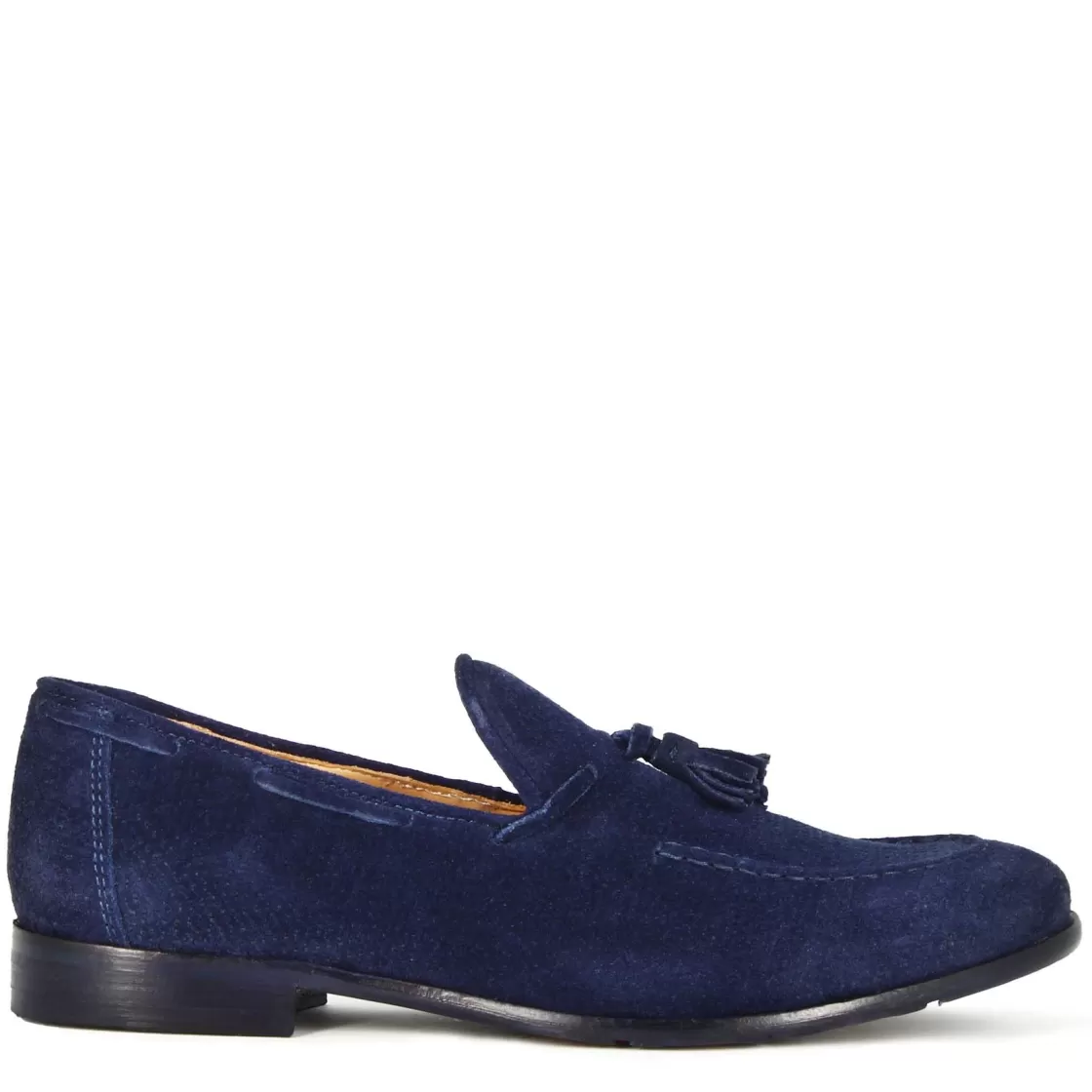 Outlet Leonardo Shoes Mocassino In Pelle Scamosciata Fatto A Mano Con Nappine Colore Blu