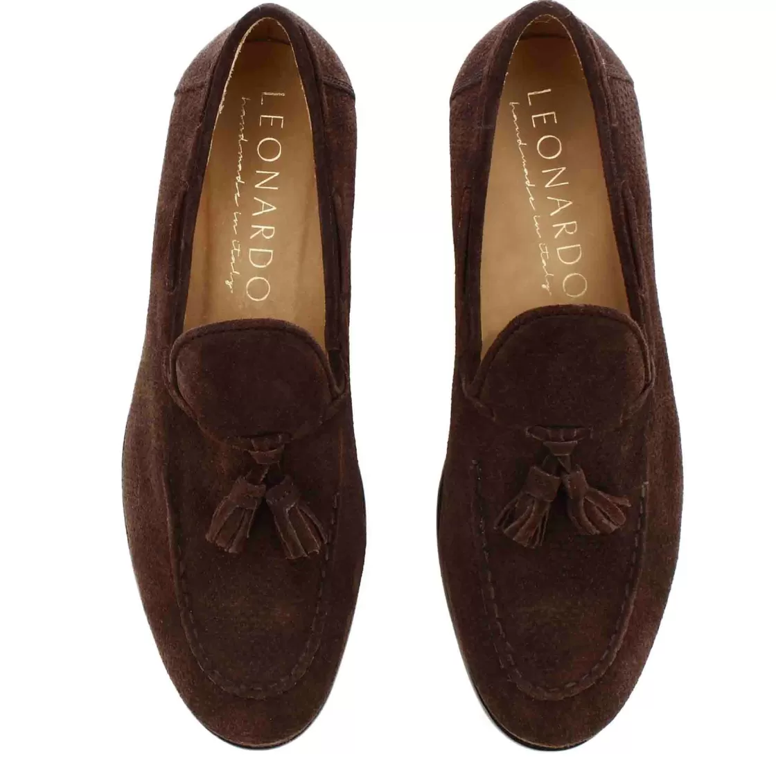 Shop Leonardo Shoes Mocassino In Pelle Scamosciata Fatto A Mano Con Nappine Colore Marrone Marrone Scuro