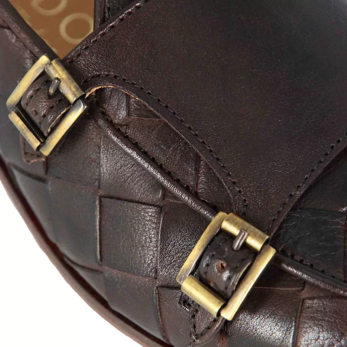Sale Leonardo Shoes Mocassino Con Doppia Fibbia Dorata Da Uomo In Pelle Intrecciata Marrone Scuro
