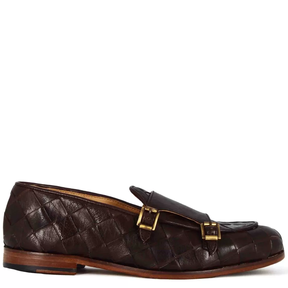 Sale Leonardo Shoes Mocassino Con Doppia Fibbia Dorata Da Uomo In Pelle Intrecciata Marrone Scuro
