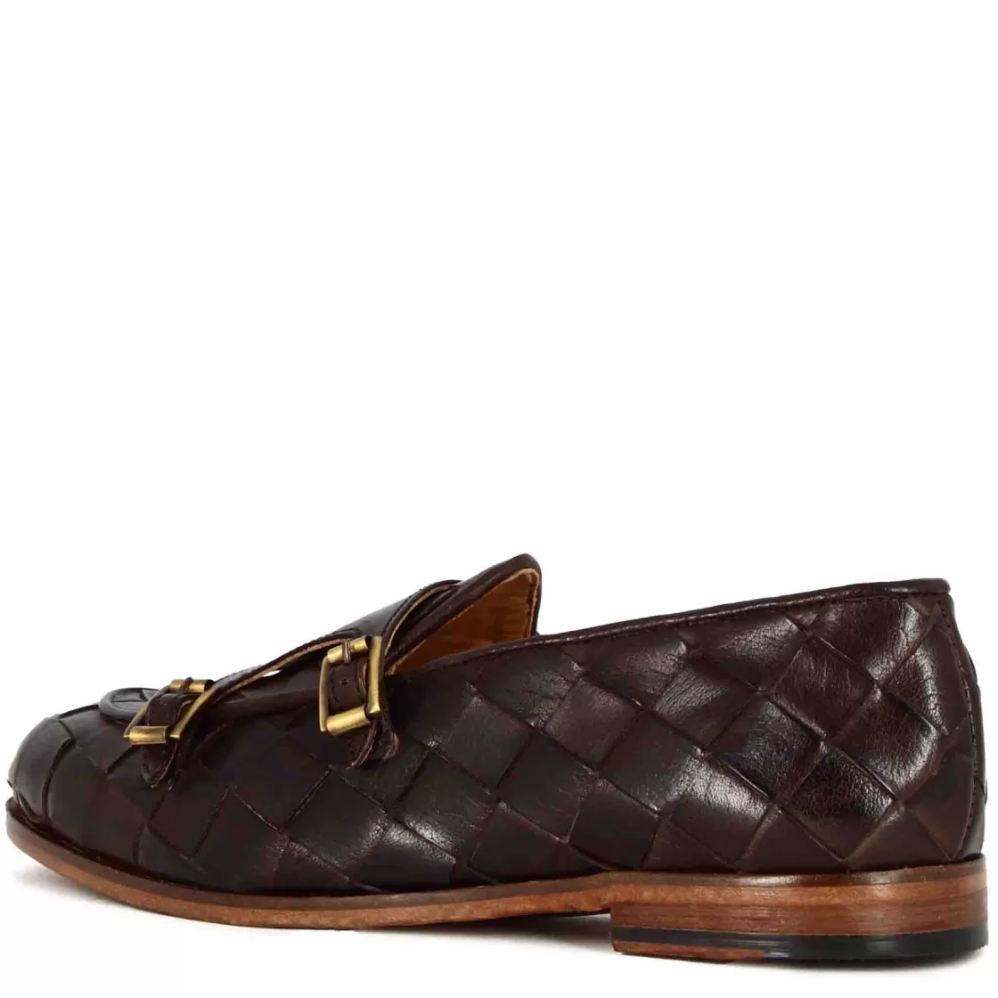 Sale Leonardo Shoes Mocassino Con Doppia Fibbia Dorata Da Uomo In Pelle Intrecciata Marrone Scuro