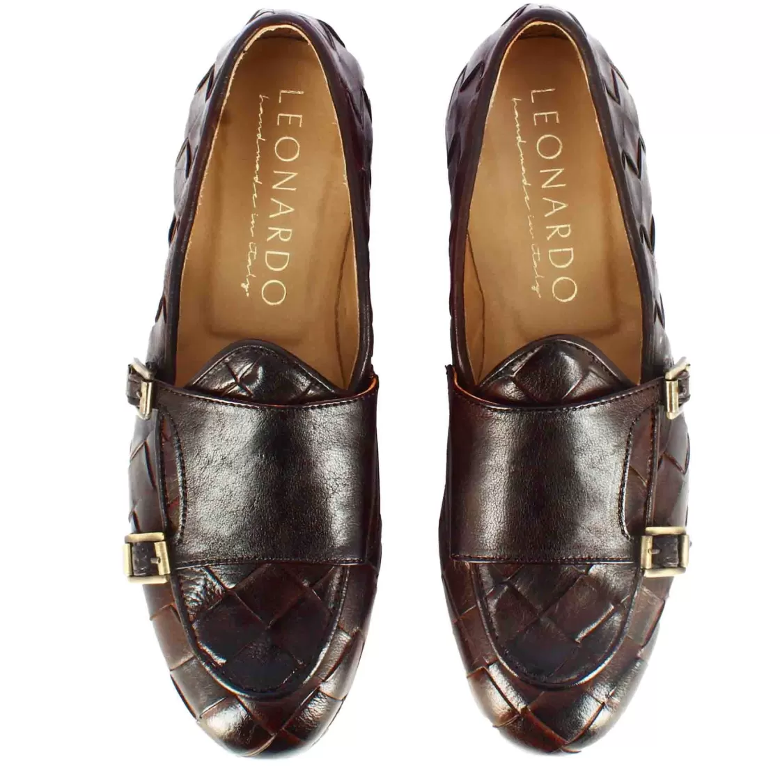 Sale Leonardo Shoes Mocassino Con Doppia Fibbia Dorata Da Uomo In Pelle Intrecciata Marrone Scuro