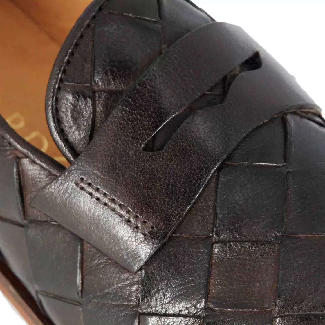 Discount Leonardo Shoes Mocassino Vintage Elegante Da Uomo In Pelle Intrecciata Marrone Scuro