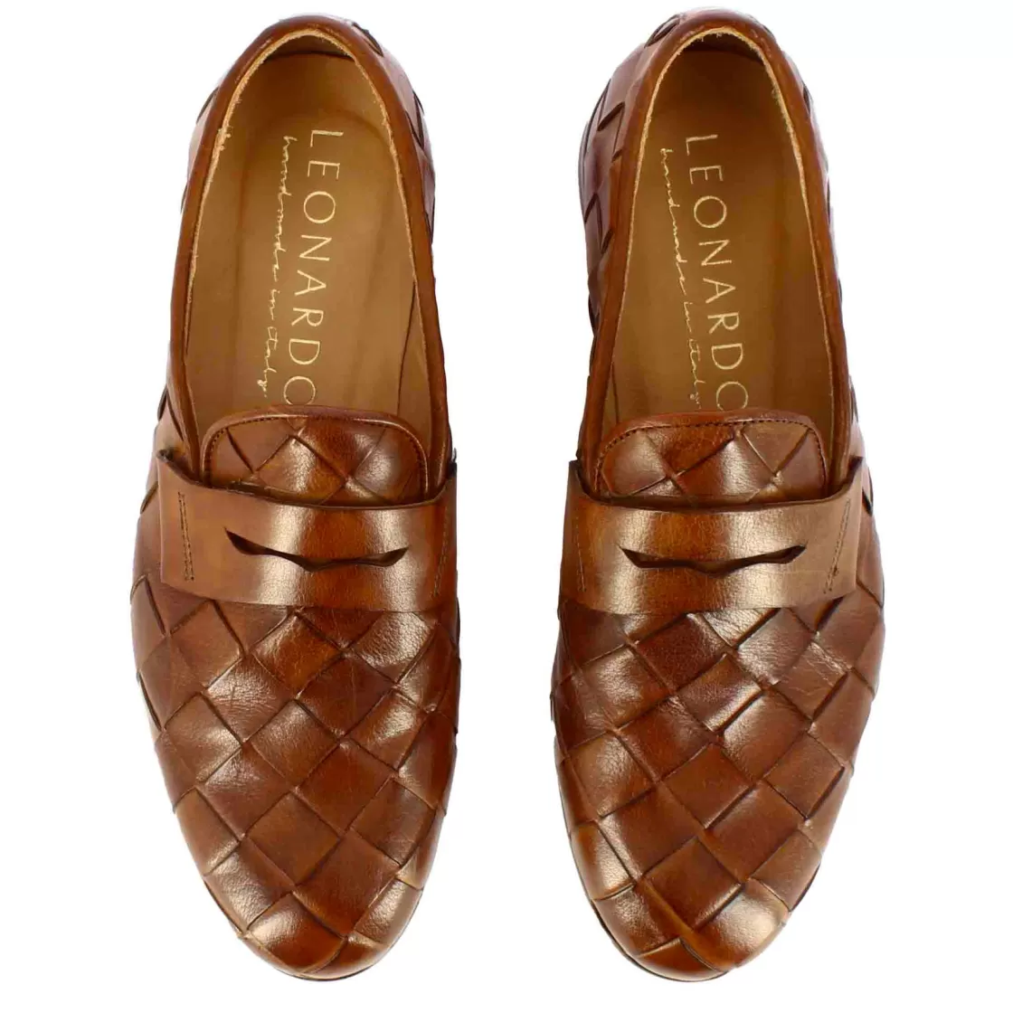 Hot Leonardo Shoes Mocassino Vintage Elegante Da Uomo In Pelle Intrecciata Marrone