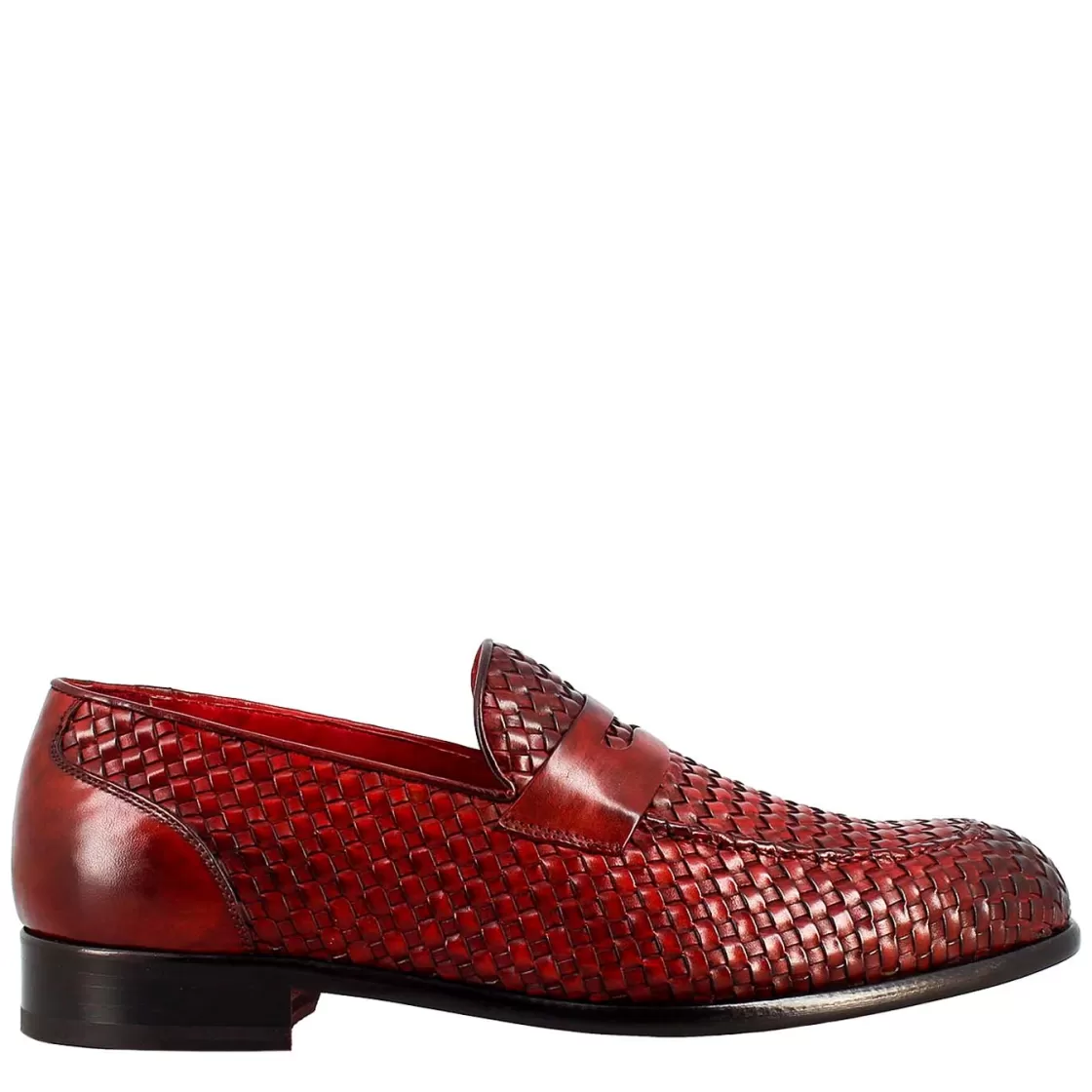 Best Sale Leonardo Shoes Mocassino Elegante Da Uomo In Pelle Fiore Intrecciata Rosso
