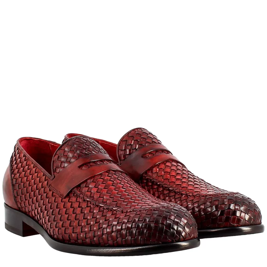 Best Sale Leonardo Shoes Mocassino Elegante Da Uomo In Pelle Fiore Intrecciata Rosso