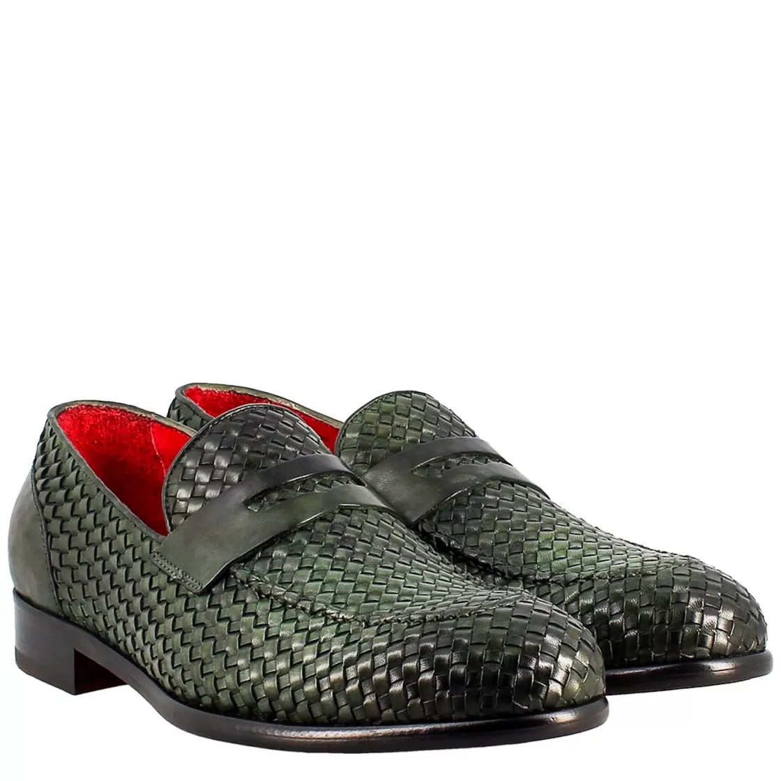 Clearance Leonardo Shoes Mocassino Elegante Da Uomo In Pelle Fiore Intrecciata Verde