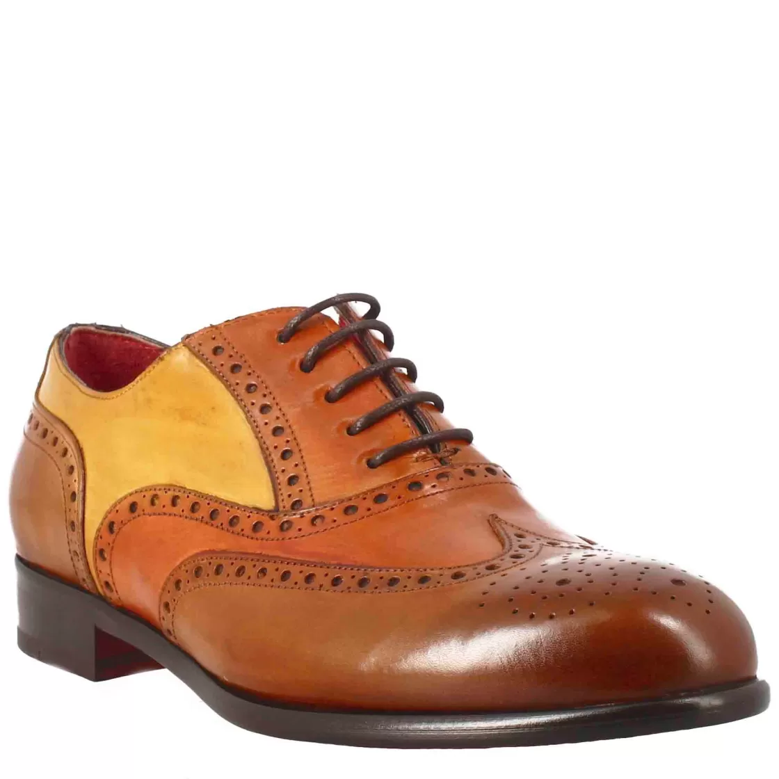Fashion Leonardo Shoes Oxford Brogue Arancio E Giallo Elegante Da Uomo In Pelle Marrone
