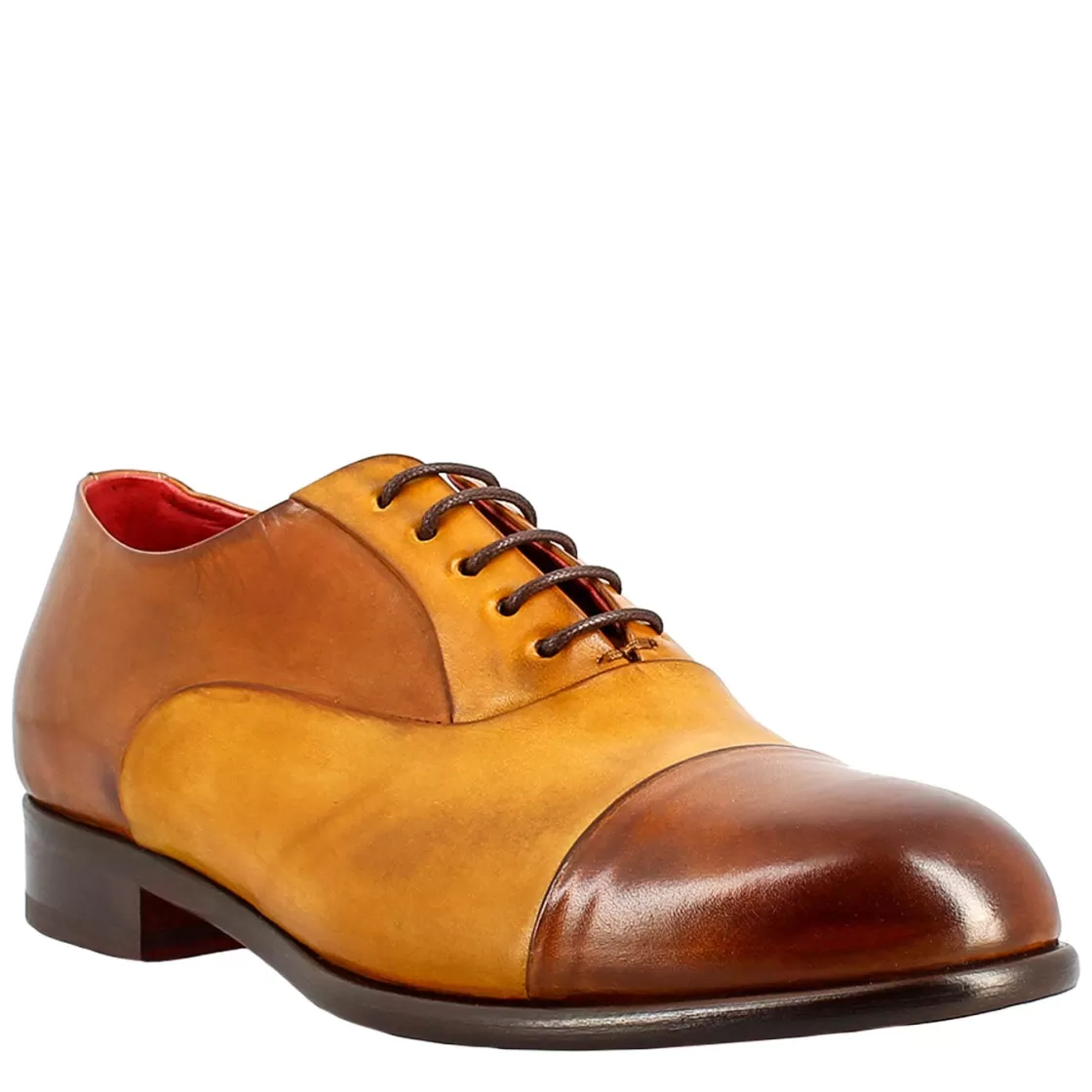 Cheap Leonardo Shoes Oxford E Giallo Elegante Da Uomo In Pelle E Fodera Rossa Marrone