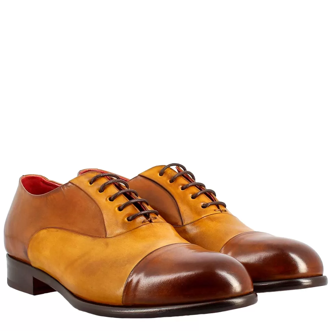 Cheap Leonardo Shoes Oxford E Giallo Elegante Da Uomo In Pelle E Fodera Rossa Marrone