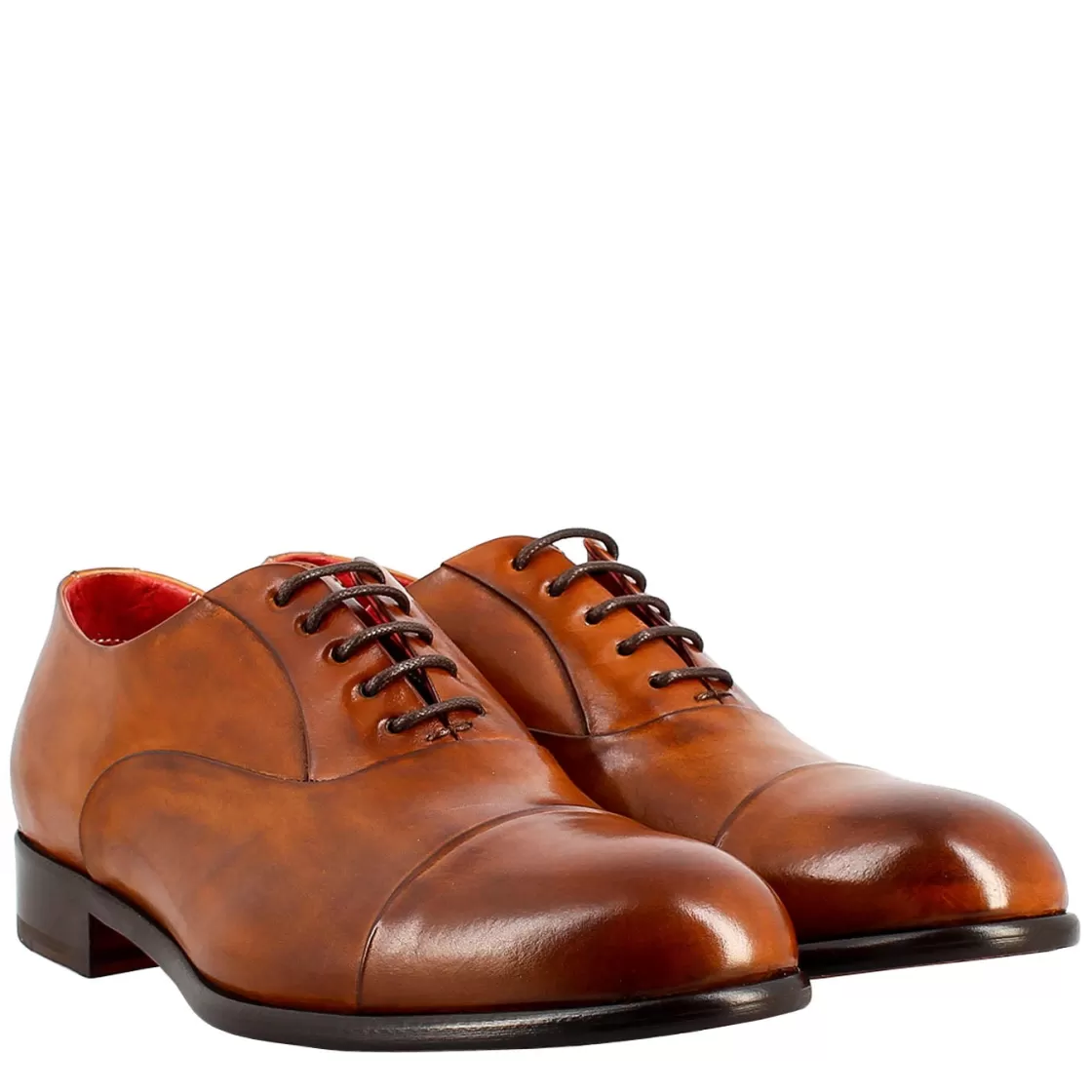 Clearance Leonardo Shoes Oxford Elegante Da Uomo In Pelle E Fodera Rossa Marrone