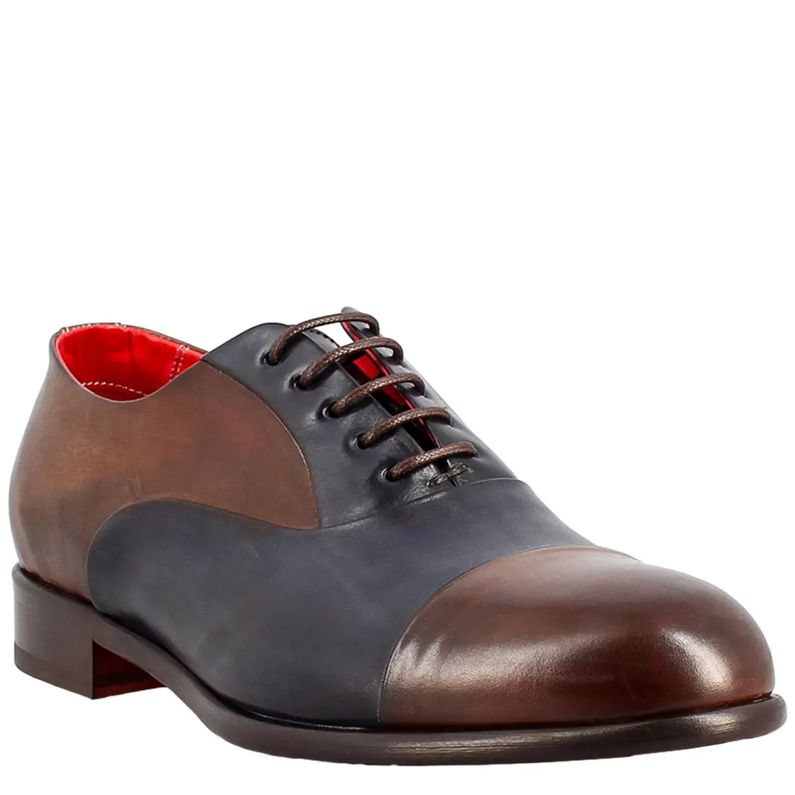 Flash Sale Leonardo Shoes Oxford E Blu Elegante Da Uomo In Pelle E Fodera Rossa Marrone Scuro