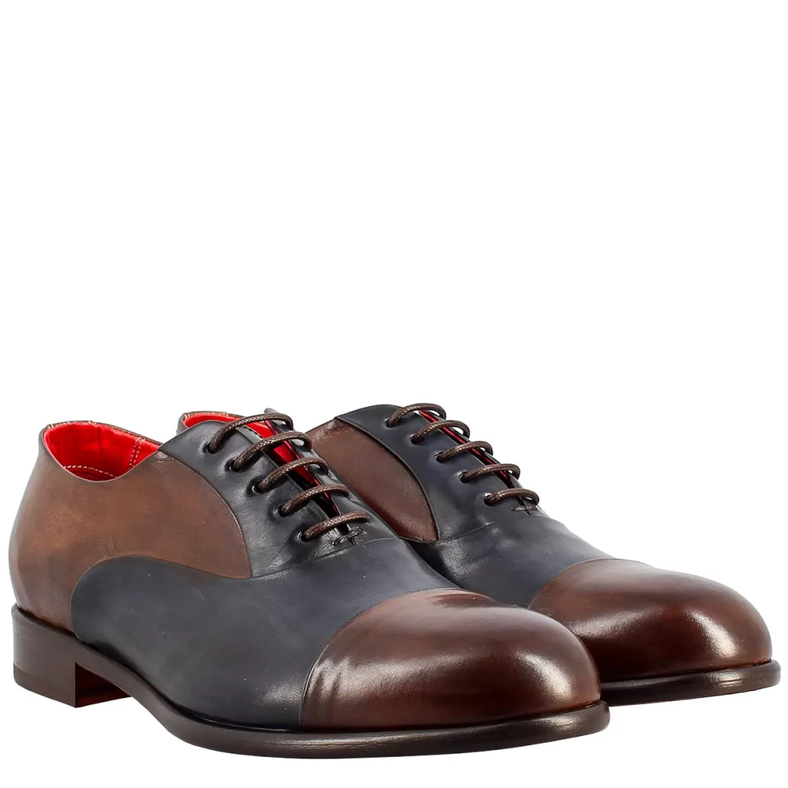 Flash Sale Leonardo Shoes Oxford E Blu Elegante Da Uomo In Pelle E Fodera Rossa Marrone Scuro