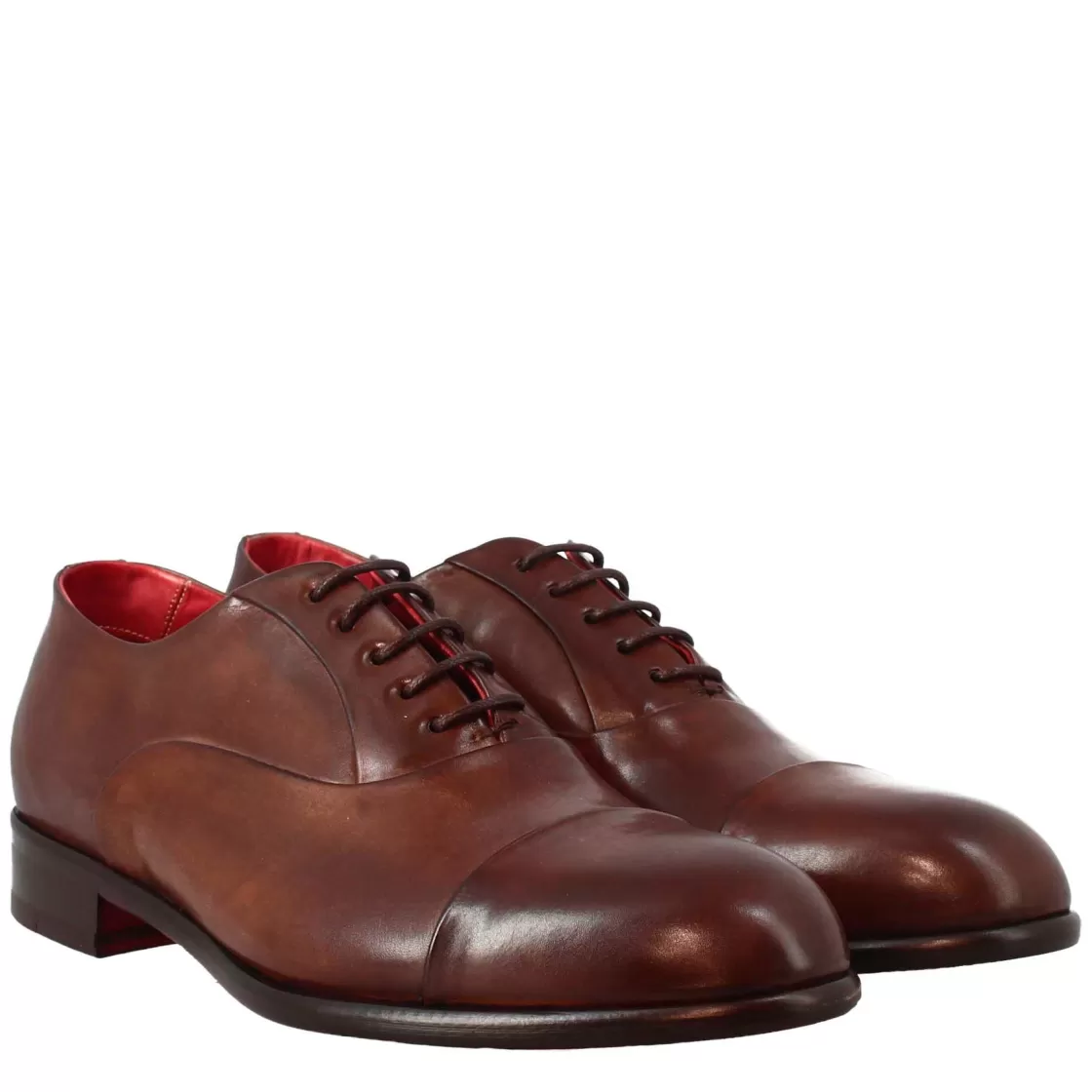 Flash Sale Leonardo Shoes Oxford Elegante Da Uomo In Pelle E Fodera Rossa Marrone Scuro