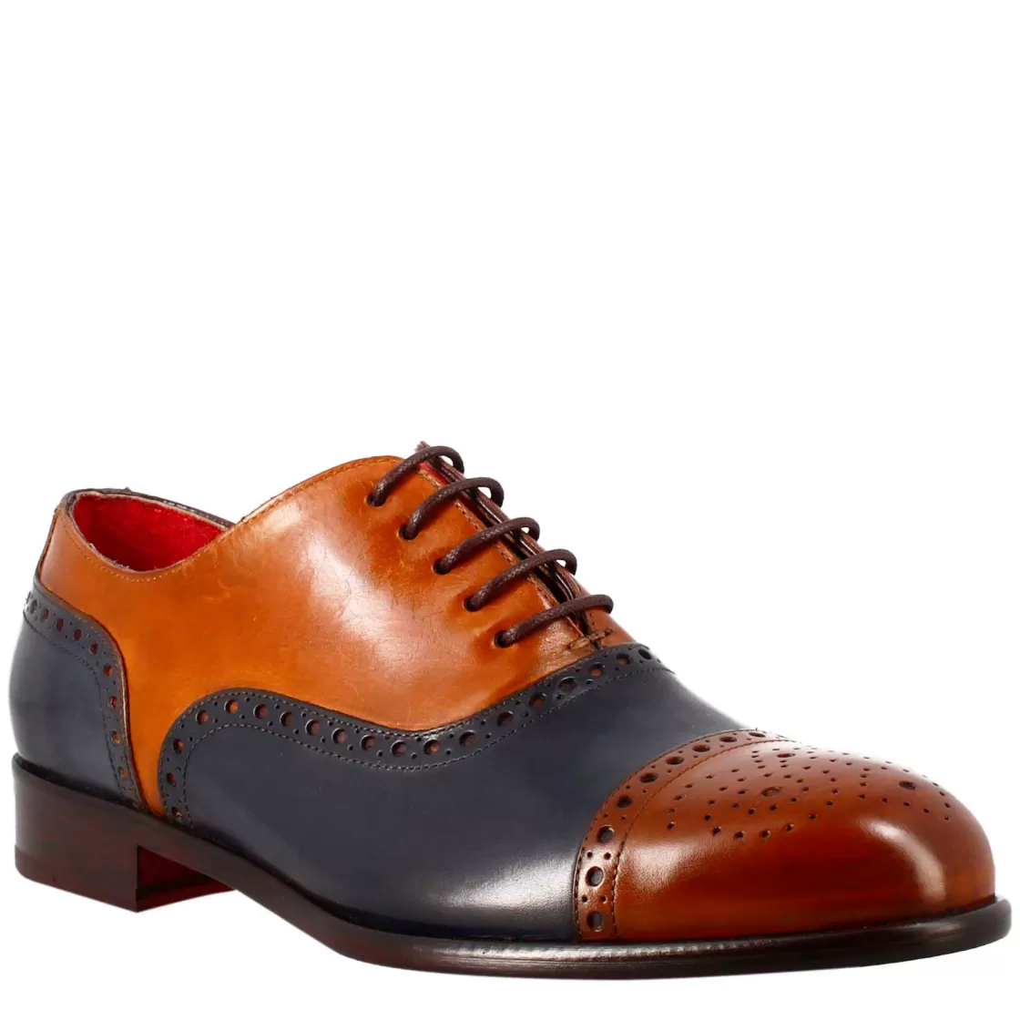 Discount Leonardo Shoes Oxford Semi Brogue E Blu Elegante Da Uomo In Pelle Marrone