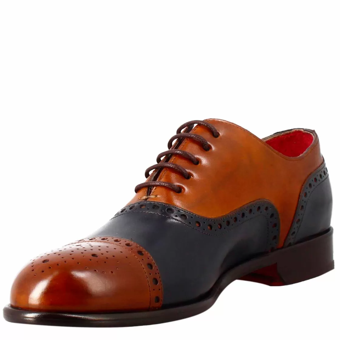 Discount Leonardo Shoes Oxford Semi Brogue E Blu Elegante Da Uomo In Pelle Marrone