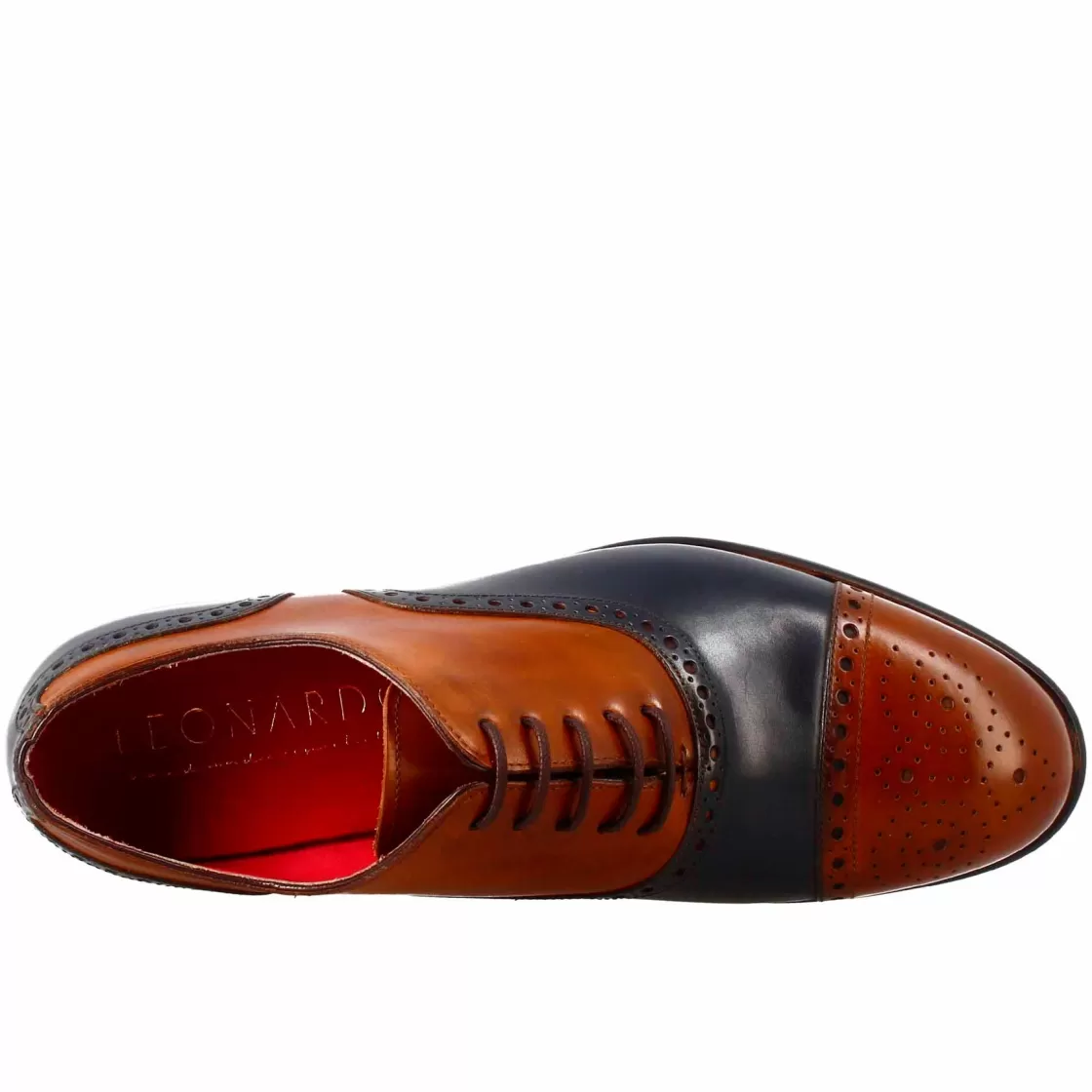 Discount Leonardo Shoes Oxford Semi Brogue E Blu Elegante Da Uomo In Pelle Marrone