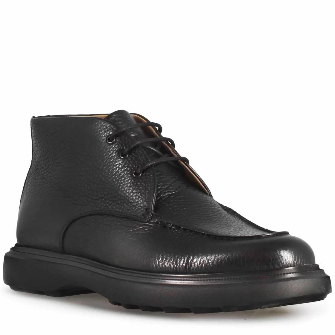 Fashion Leonardo Shoes Polacchino Allacciato Da Uomo In Pelle Martellata Nera E Suola In Vibram Nero